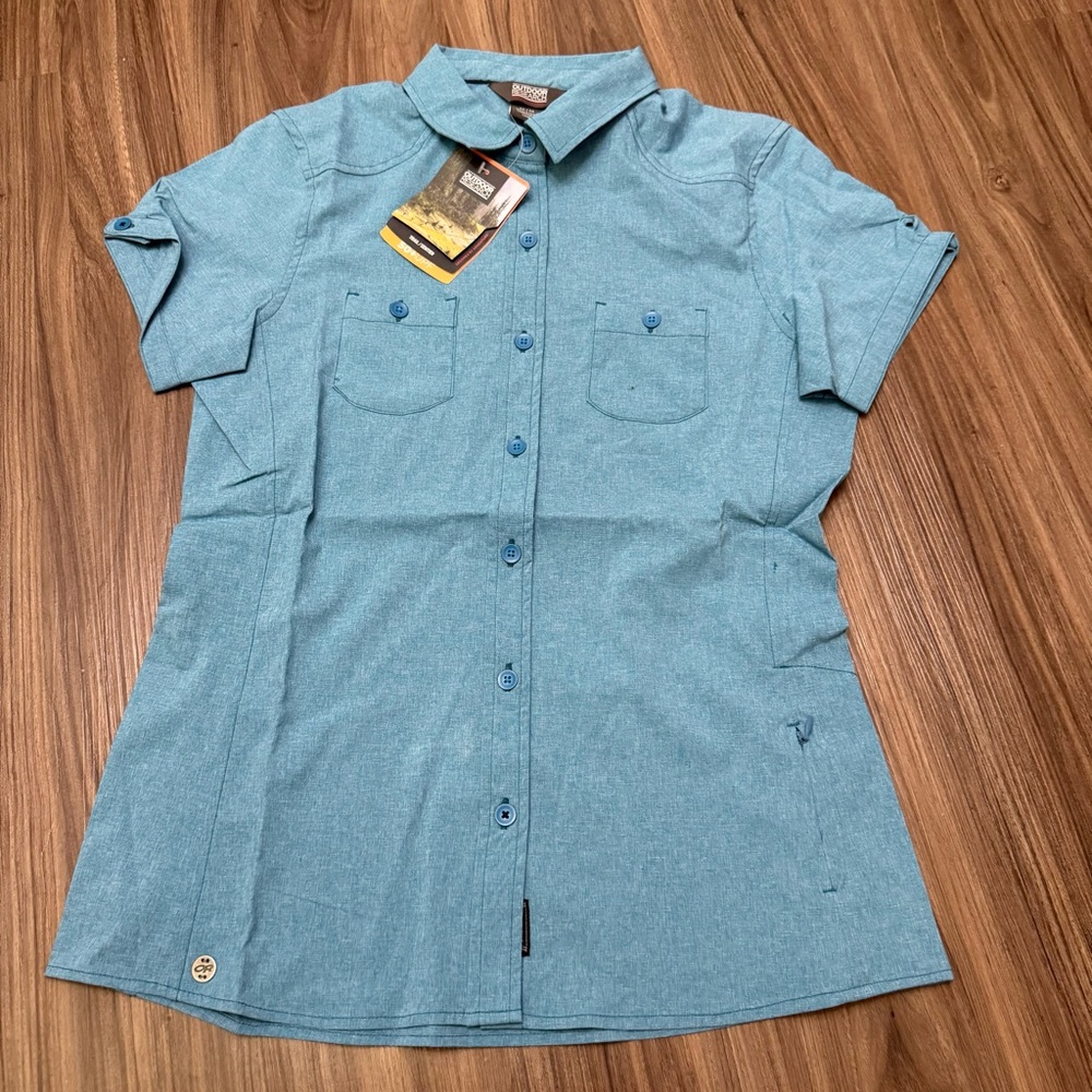 NWT Outdoor Research sz M Blue Reflection Trail shirt Hiking Outdoors UPF 50